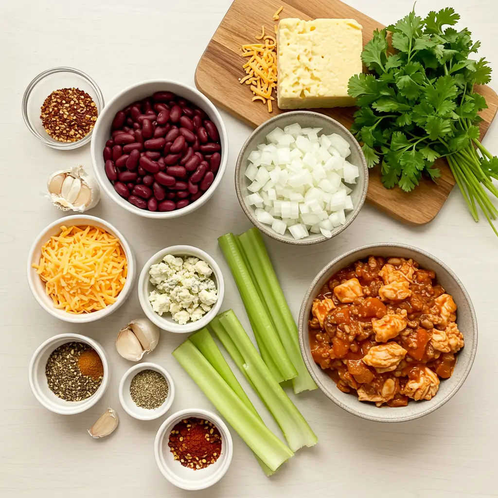 slow cooker buffalo chicken chili ingredients flat lay