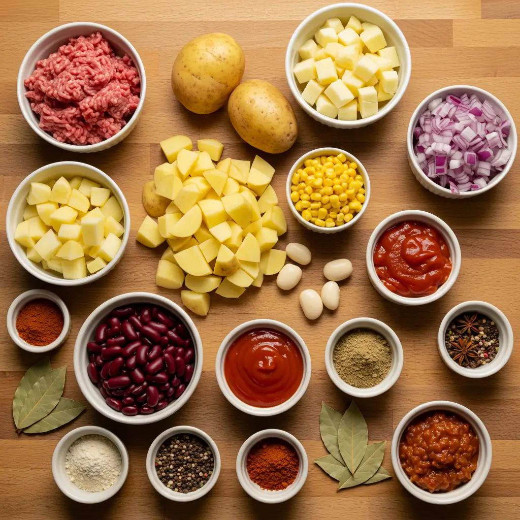 Ingredients for Slow Cooker Cowboy Casserole on rustic table