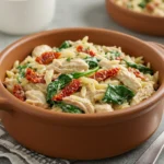 Slow Cooker Creamy Tuscan Chicken Orzo in a rustic bowl with spinach and sun-dried tomatoes