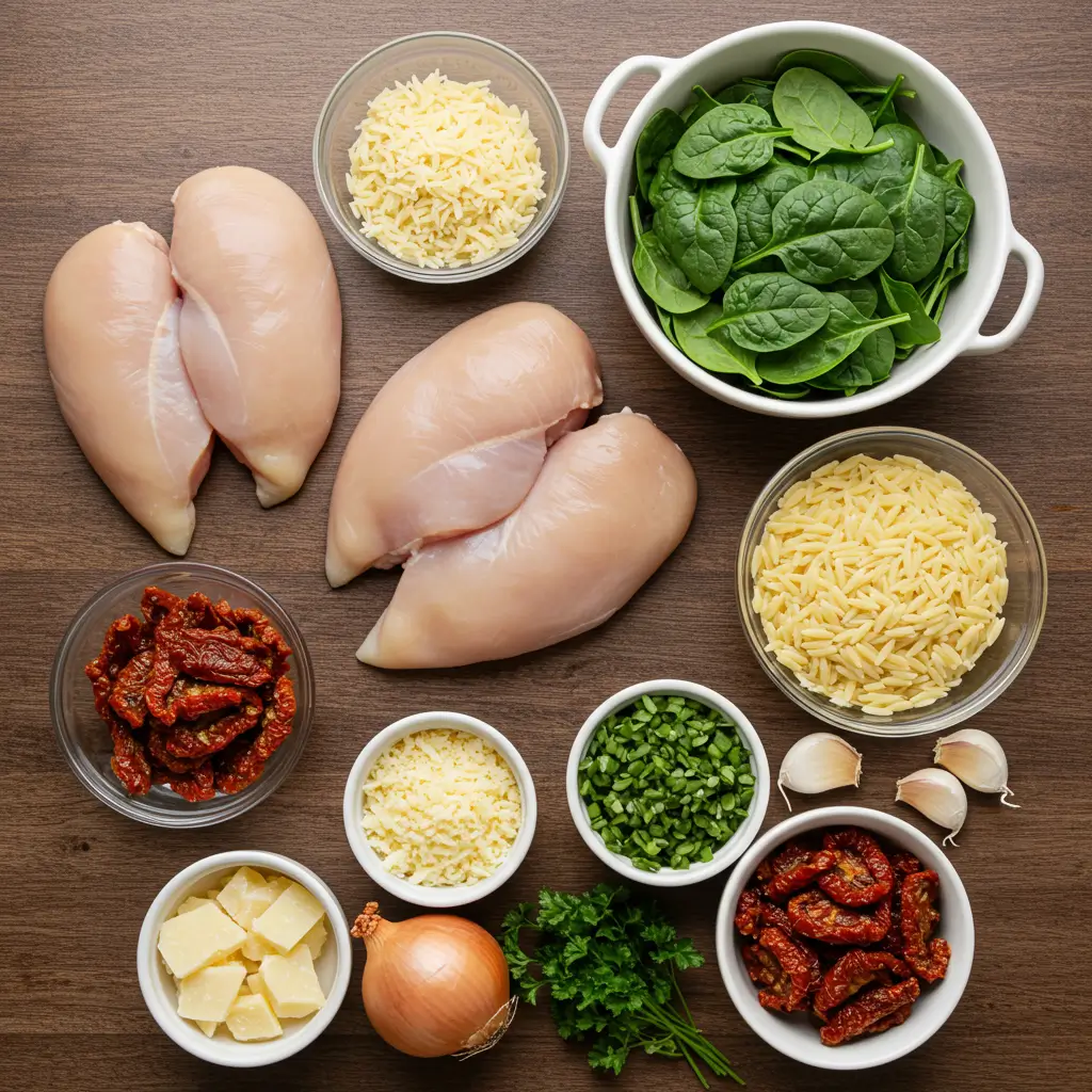 Ingredients for Slow Cooker Creamy Tuscan Chicken Orzo