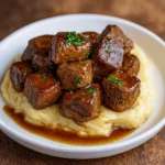 Slow Cooker Garlic Butter Beef Bites in rustic bowl