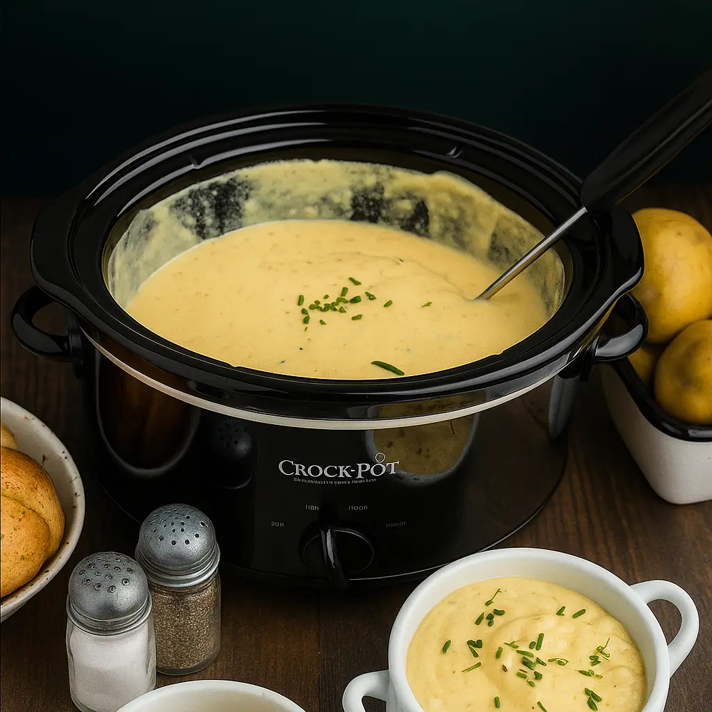 Slow Cooker Potato Leek Soup with chives and bread