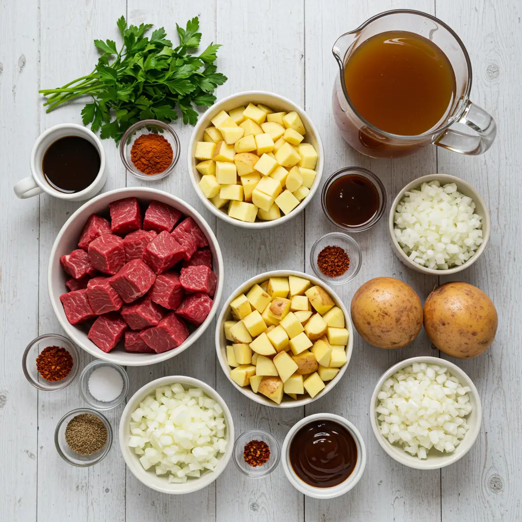 Ingredients for Slow Cooker Steak and Potato Soup Recipe.