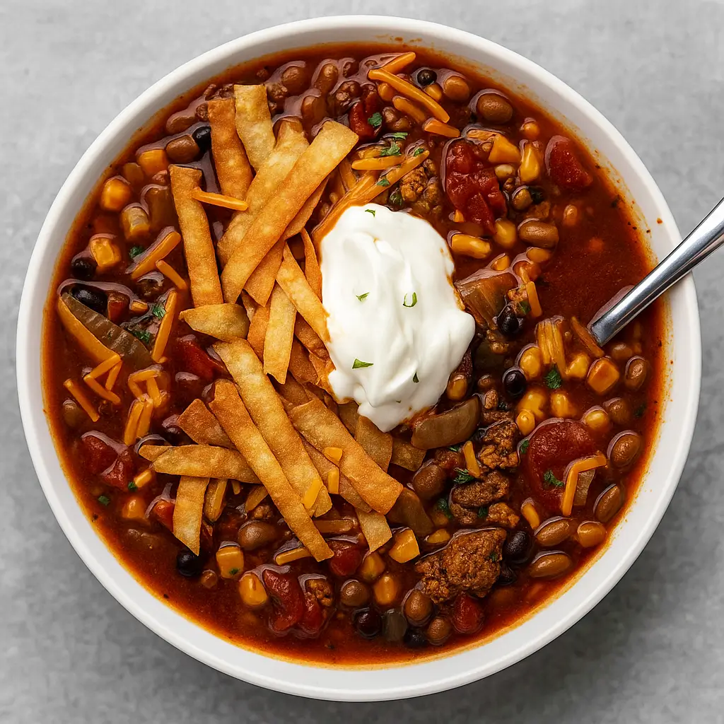 Slow Cooker Taco Soup served with toppings in a bowl