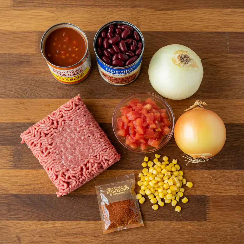 Slow Cooker Taco Soup ingredients arranged on a board