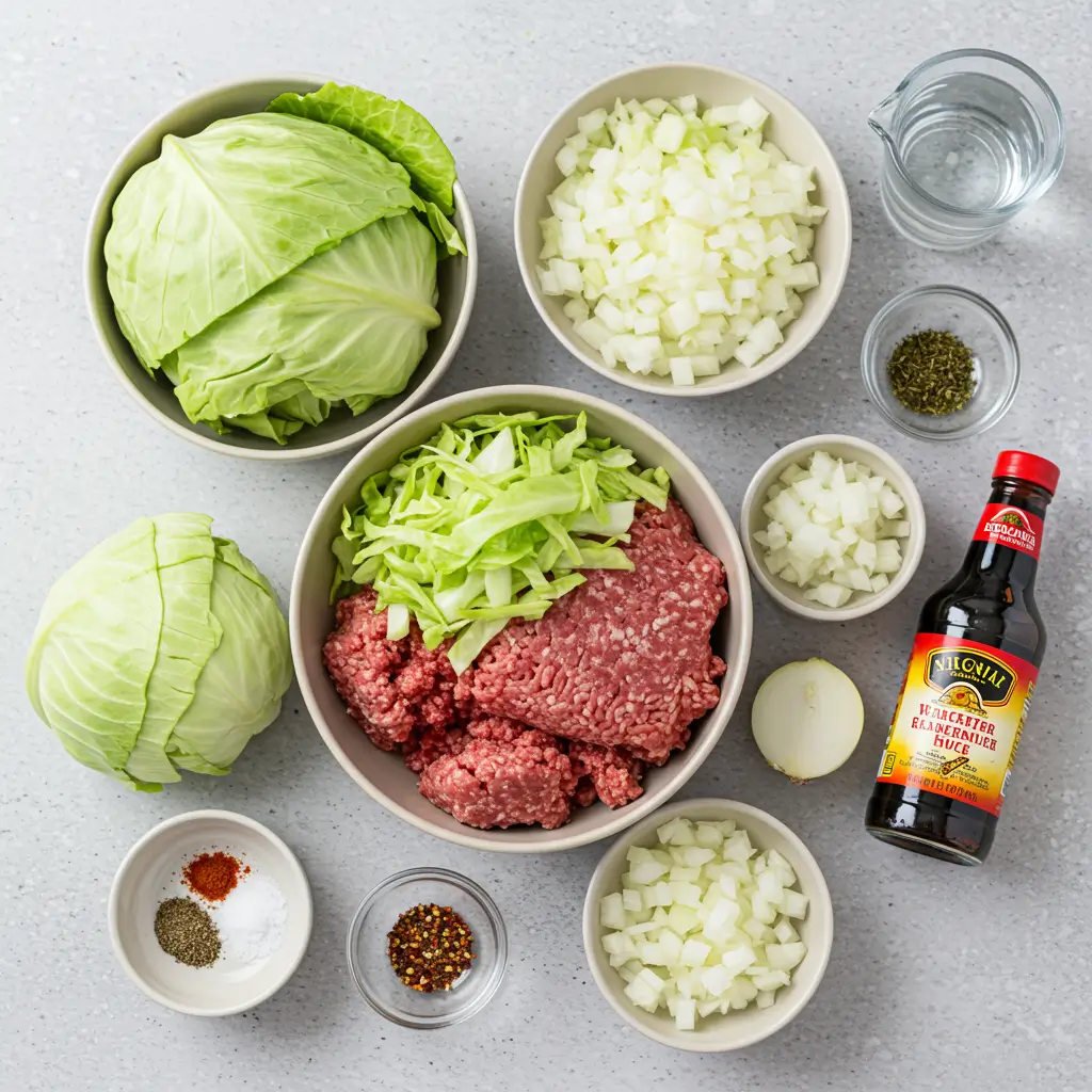 Ingredients for Slow Cooker Unstuffed Cabbage Rolls on a rustic table