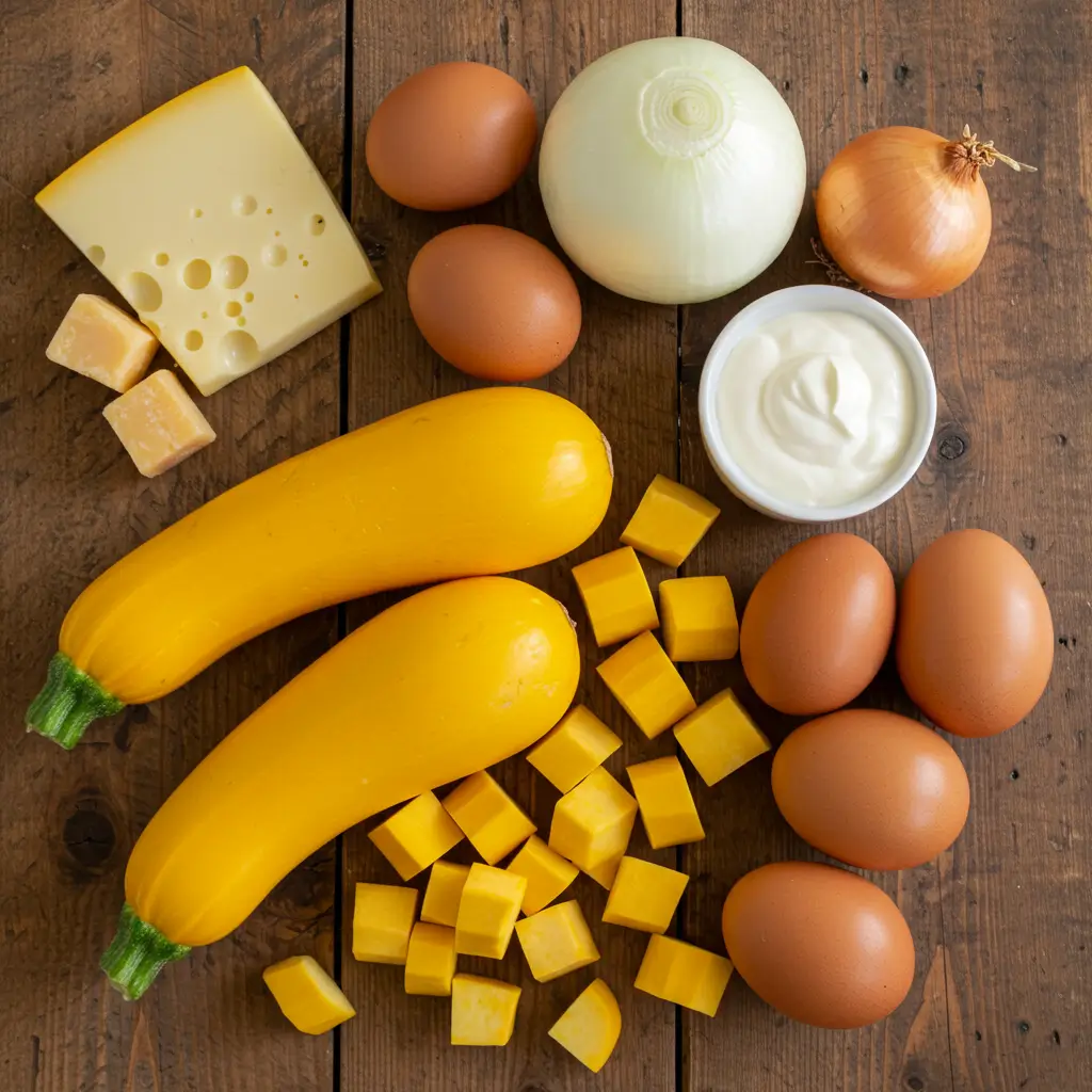 Southern Squash Casserole ingredients on wooden table