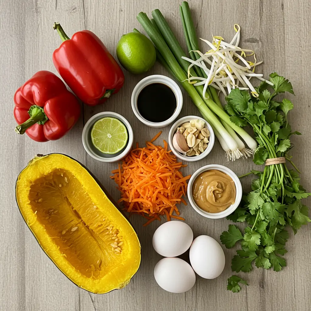 spaghetti squash pad thai ingredients flat lay on rustic table