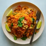 spaghetti squash pad thai served in bowl with garnishes