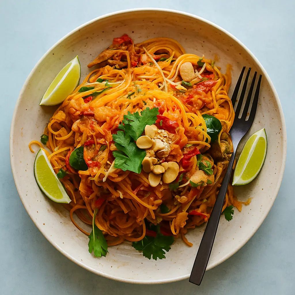 spaghetti squash pad thai served in bowl with garnishes