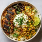 Street Corn Chicken Rice Bowl with grilled chicken and lime crema