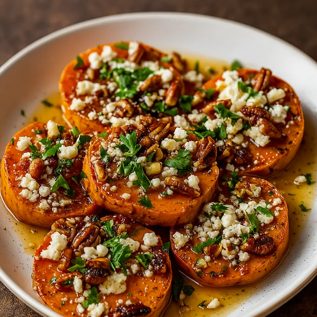 Sweet Potato Rounds with Honey & Feta Crumble appetizer platter
