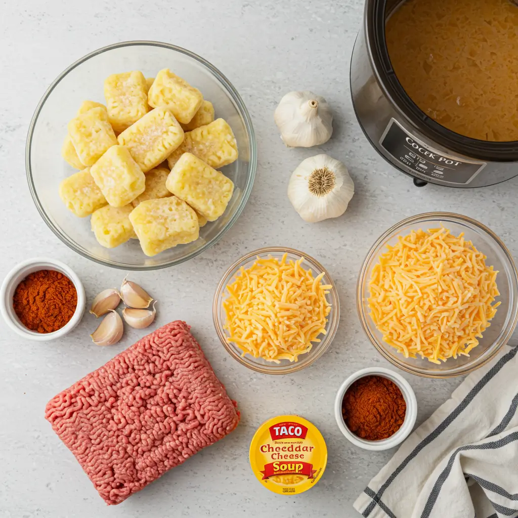Ingredients for Taco Crock Pot Hashbrown Casserole