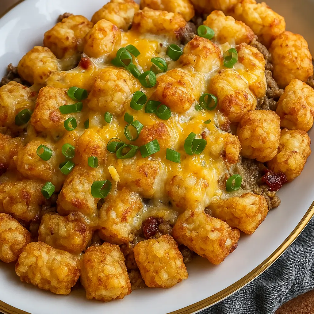 Tater Tot Casserole baked golden and crispy