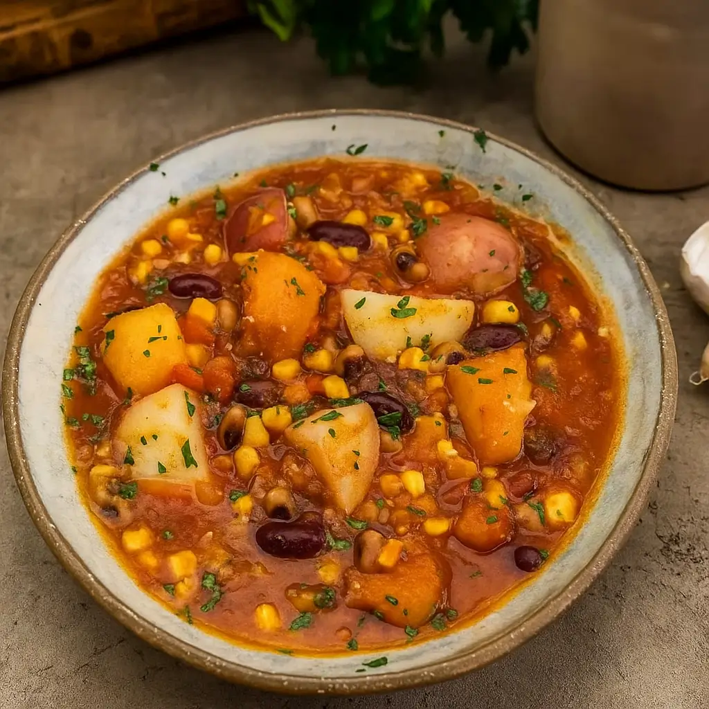 Three Sisters Stew served hot with fresh vegetables