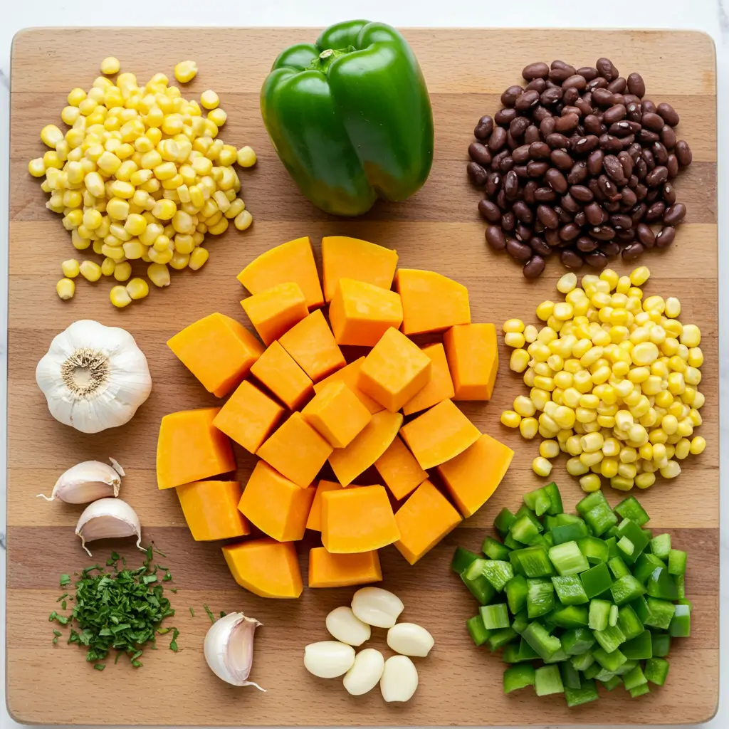 Ingredients for Three Sisters Stew laid out on table