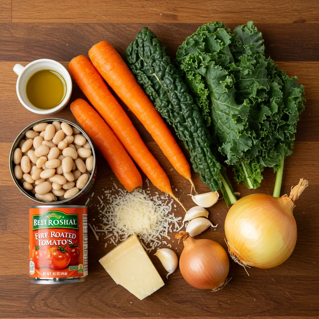 white bean tomato soup ingredients laid out on kitchen table