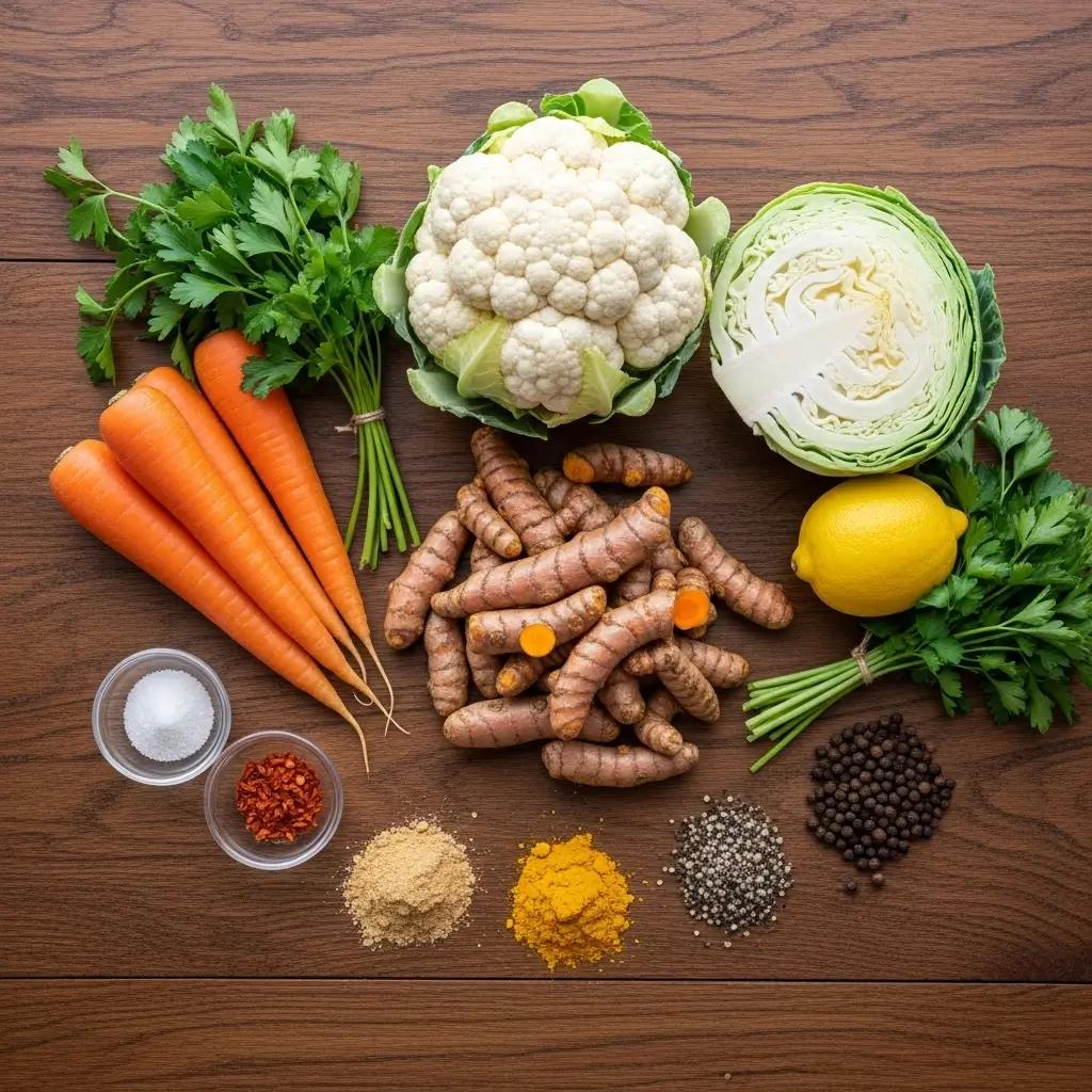 Ingredients for Anti-Inflammatory Golden Detox Soup on a wooden table