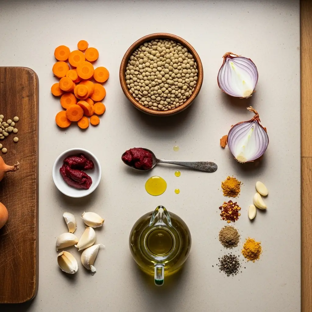Ingredients for making carrot and lentil soup