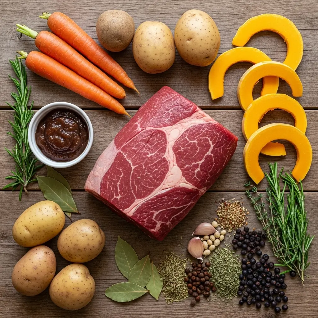 ingredients for autumn harvest beef stew on wooden table