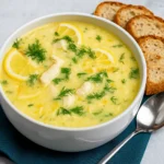 Avgolemono Soup in a rustic bowl with lemon and dill