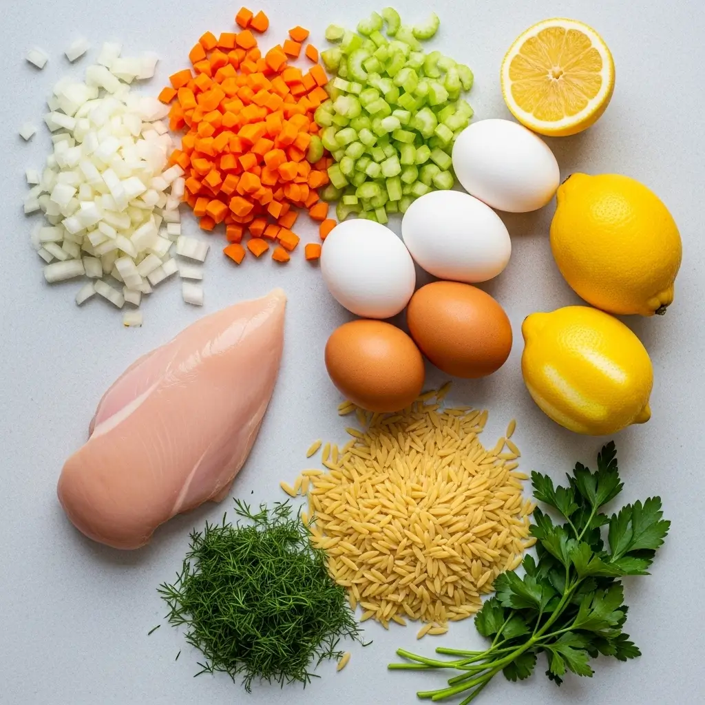 Avgolemono Soup ingredients including orzo, lemon, eggs, and chicken