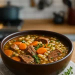 Beef and Barley Soup Recipe in a rustic bowl