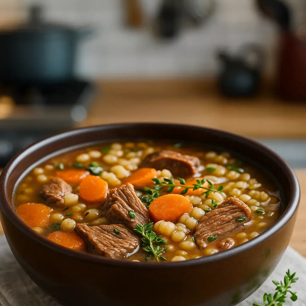 Beef and Barley Soup Recipe in a rustic bowl