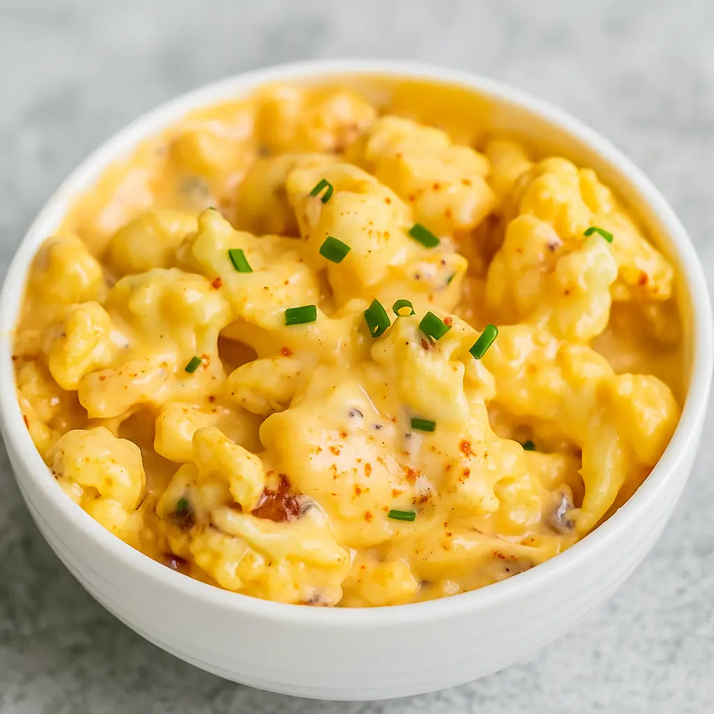 best cauliflower mac and cheese in white baking dish