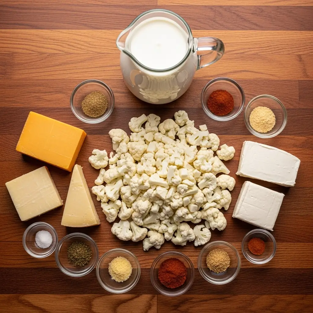 best cauliflower mac and cheese ingredients laid out
