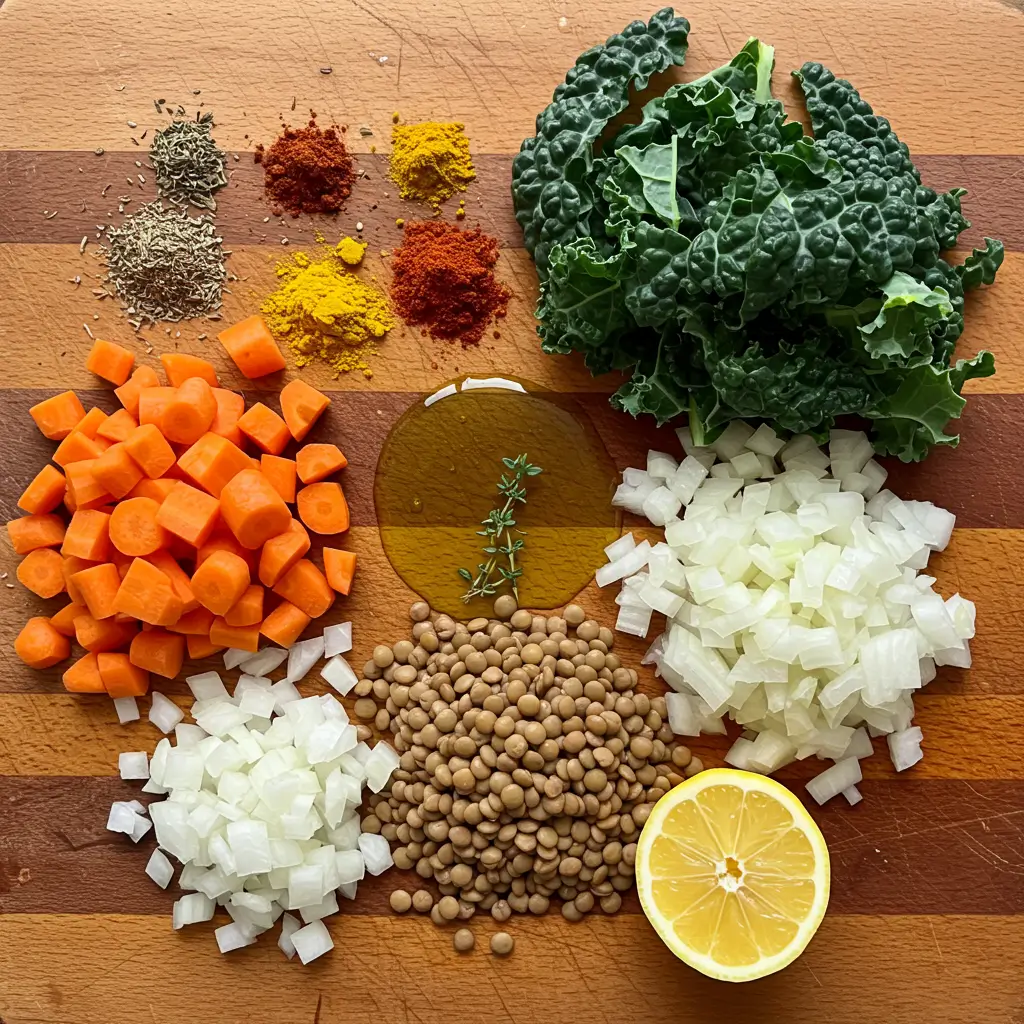 Best Lentil Soup Recipe ingredients arranged on kitchen board