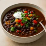 hearty black bean soup with cilantro in a cozy kitchen