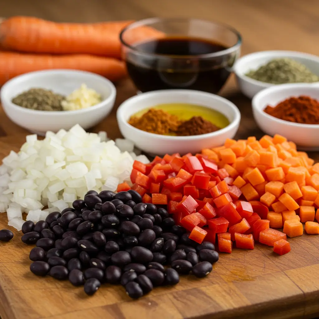 black bean soup ingredients on rustic table