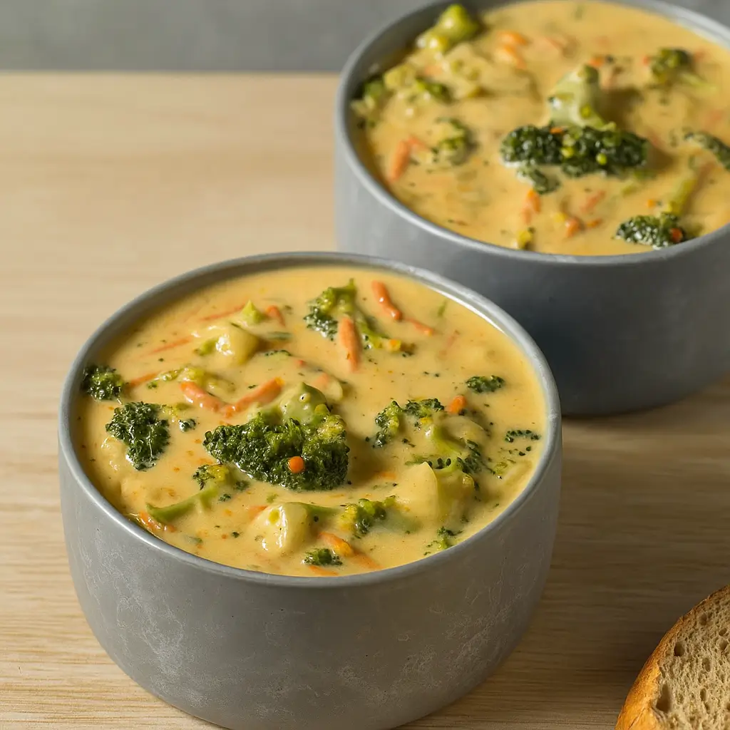 Slow Cooker Broccoli Cheddar Soup in rustic kitchen