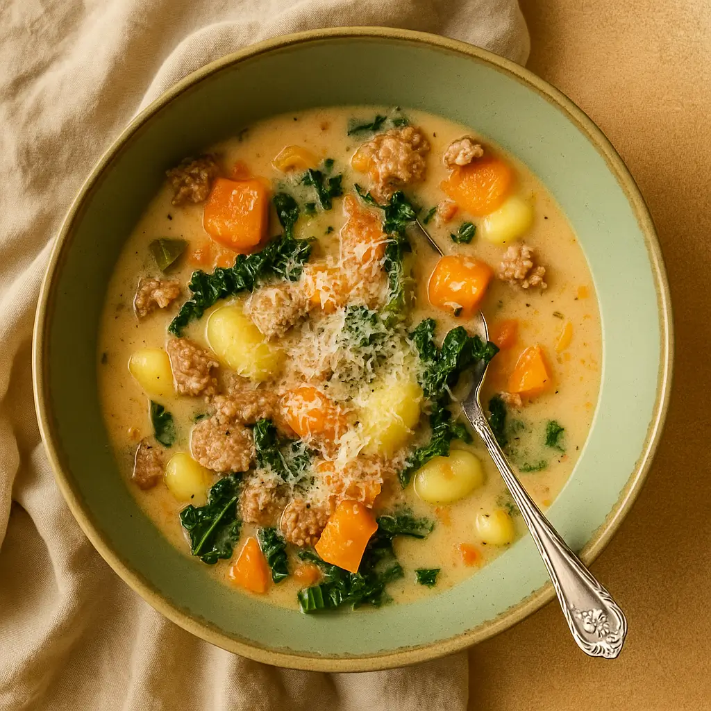 Bowl of creamy Butternut Squash Gnocchi Soup topped with kale and Parmesan