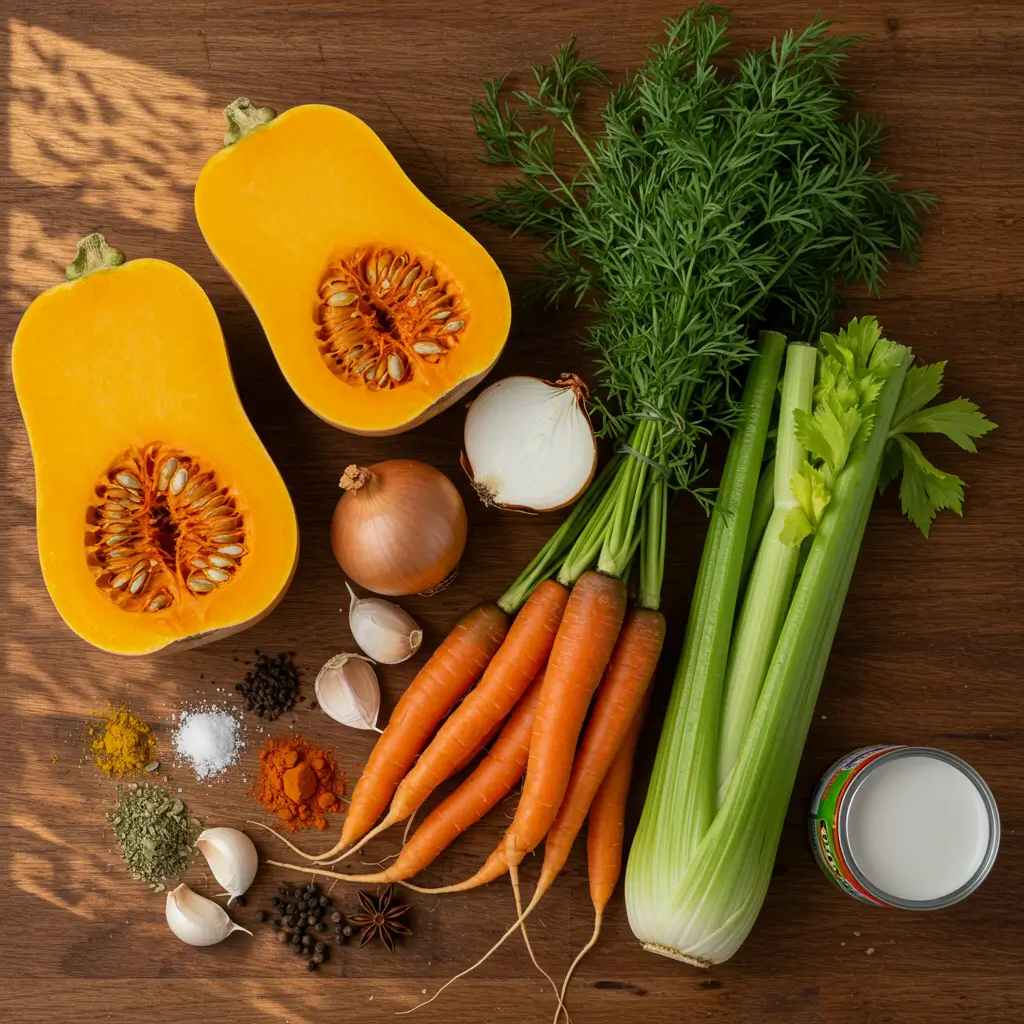 butternut squash soup ingredients on wooden table