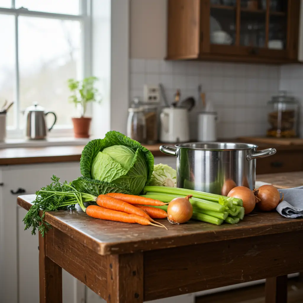 cabbage soup ingredients fresh vegetables and herbs