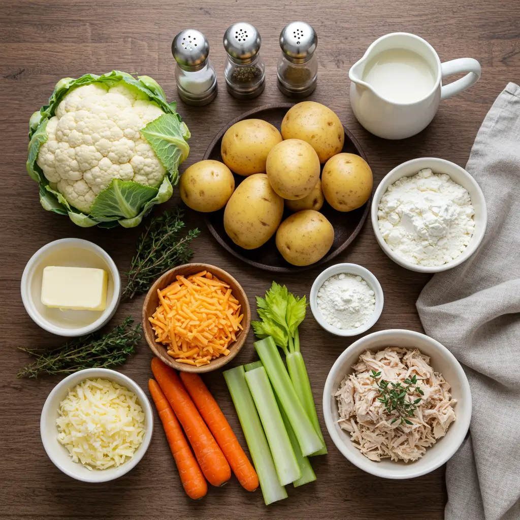 ingredients for chicken cauliflower cheddar chowder