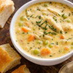 Bowl of creamy Chicken Pot Pie Soup with parsley garnish