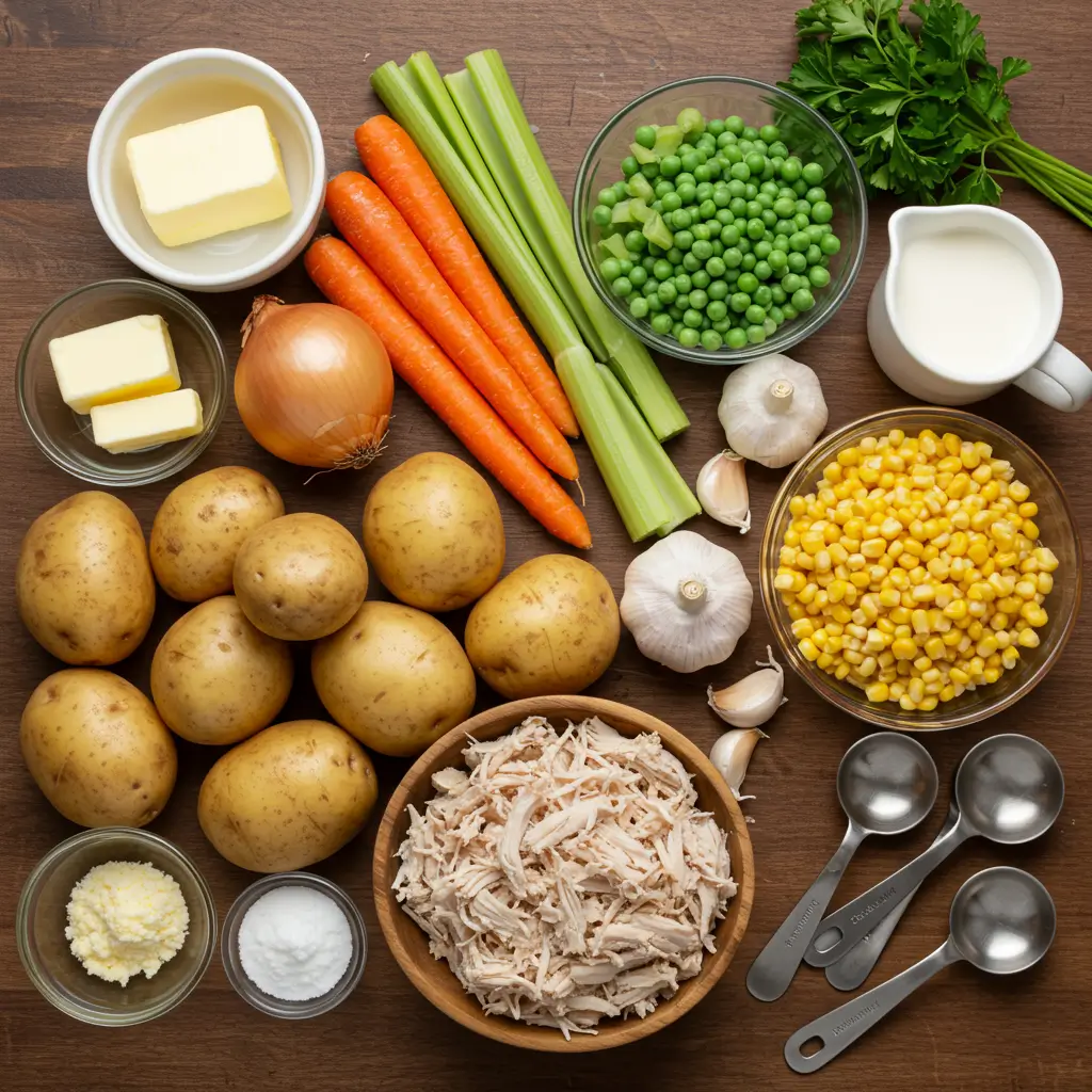 Chicken Pot Pie Soup ingredients with vegetables, chicken, and cream on a rustic kitchen counter
