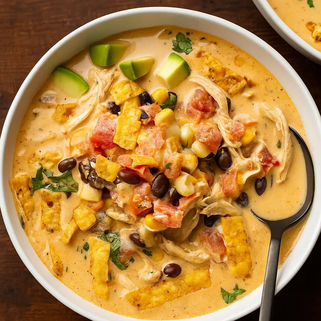 Chicken Taco Soup in slow cooker bowl with toppings