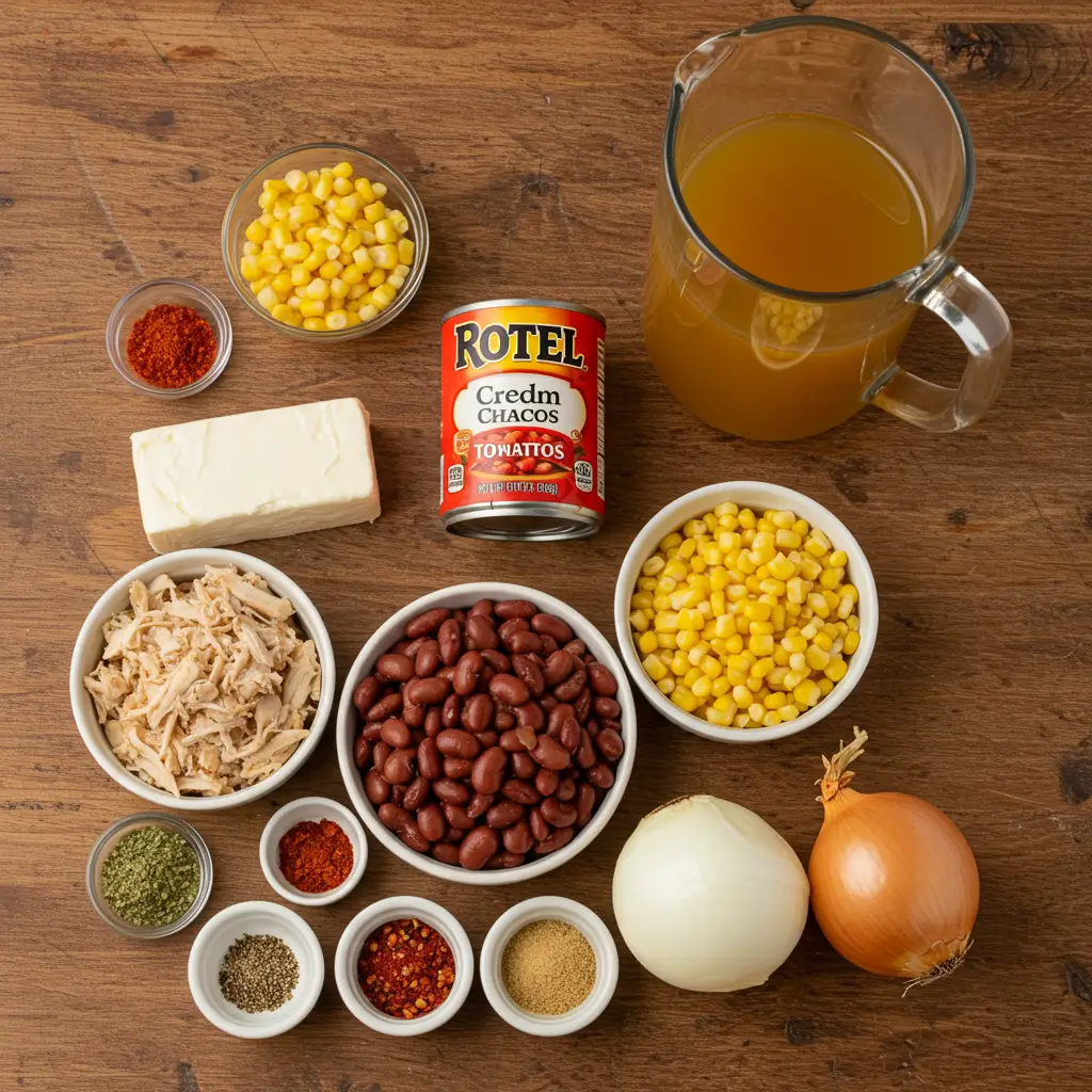 Chicken Taco Soup ingredients on wooden counter