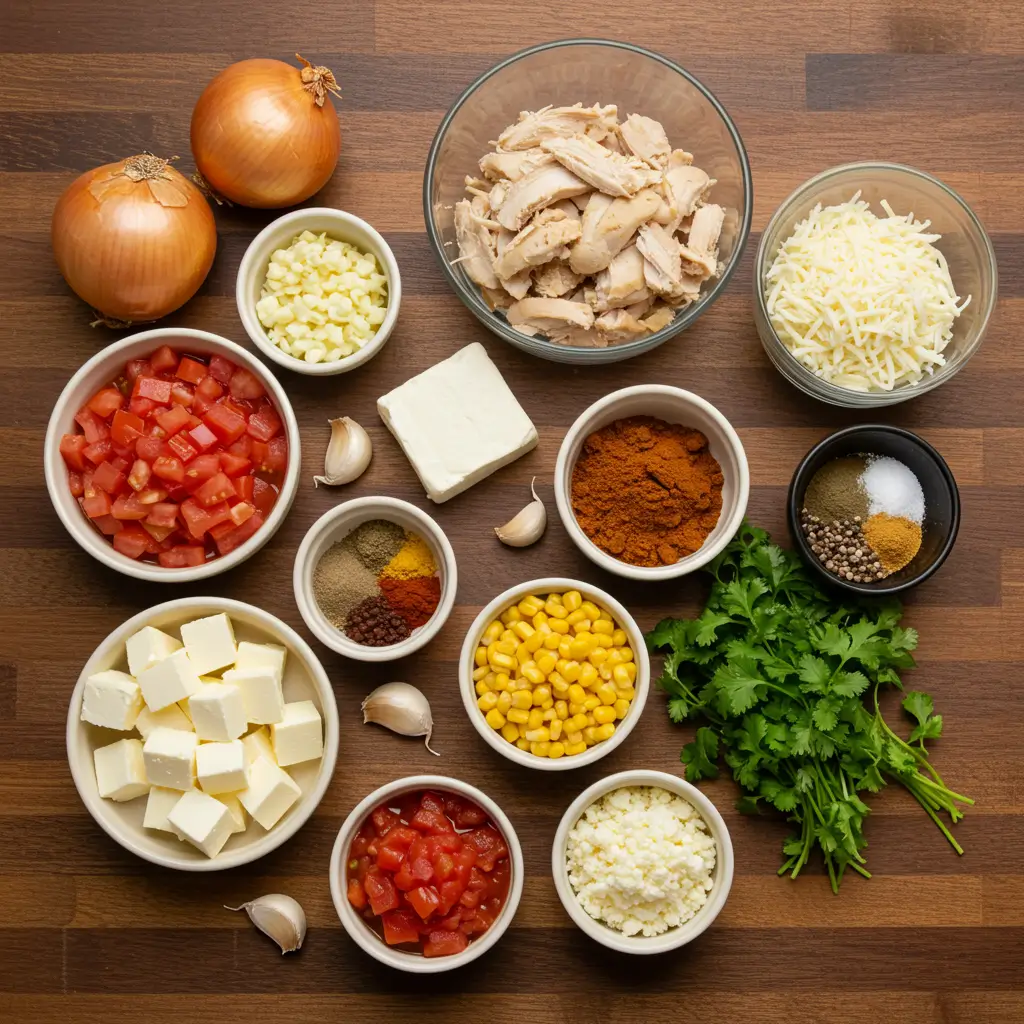 Ingredients for Chicken Taco Soup with Cream Cheese laid out on a rustic table.