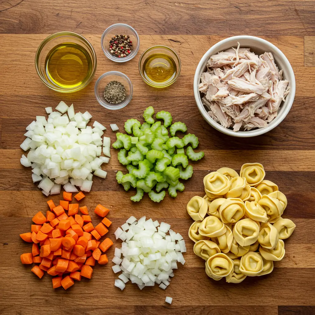 Ingredients for Chicken Tortellini Soup Recipe on wooden table