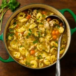 Slow Cooker Chicken Tortellini Soup served in a rustic bowl