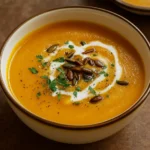 creamy butternut squash soup in bowl with pepitas