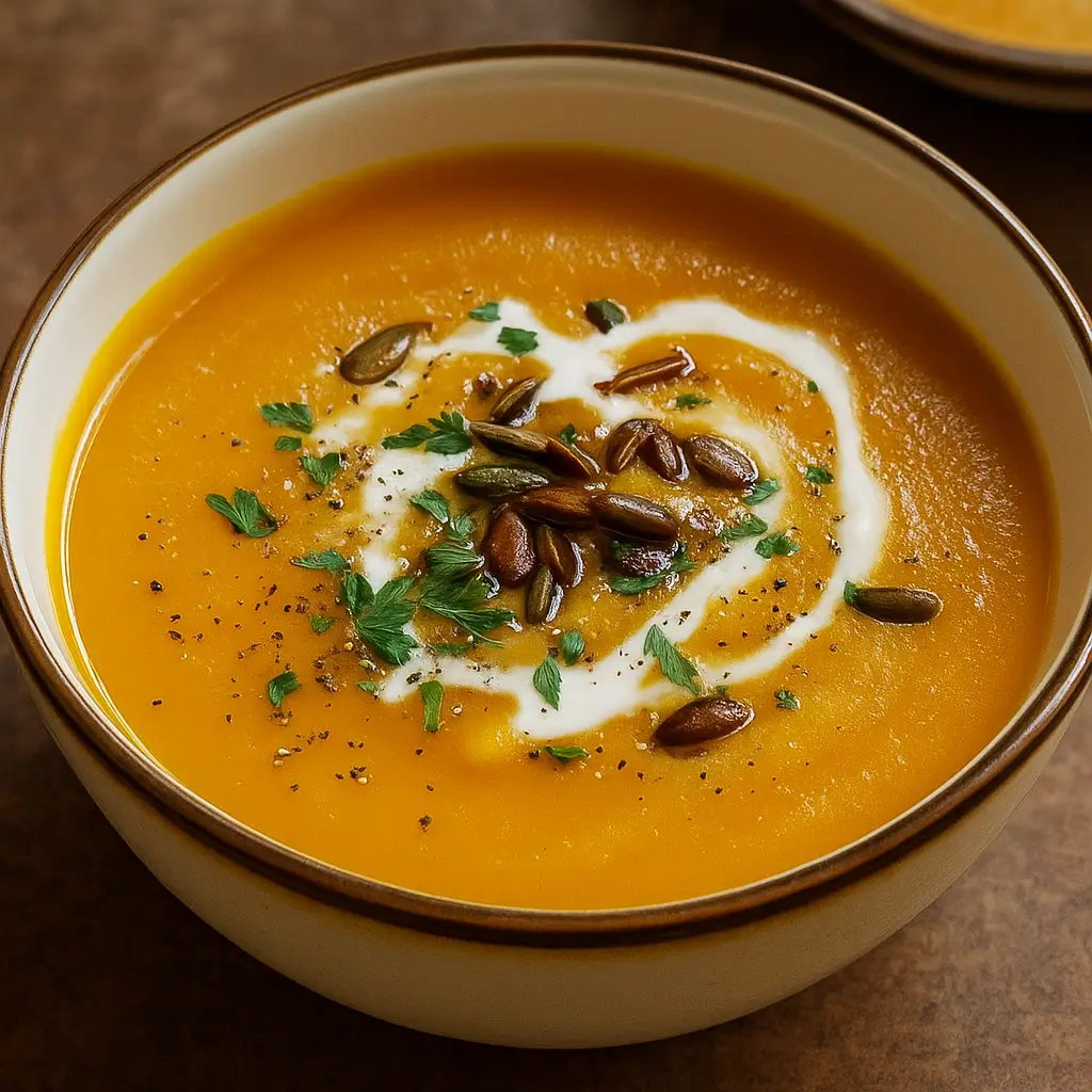 creamy butternut squash soup in bowl with pepitas