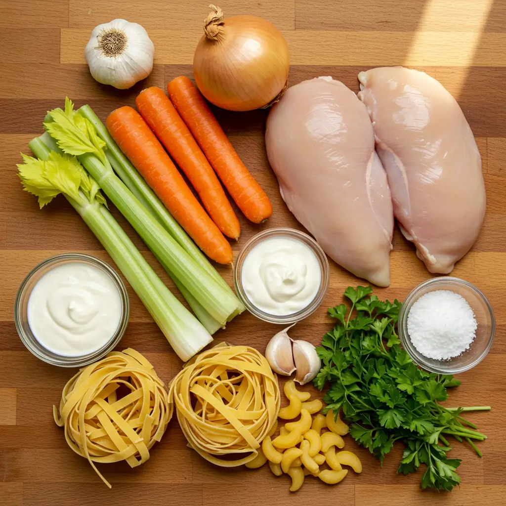 ingredients for creamy chicken noodle soup laid out