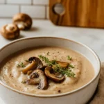 Creamy Mushroom Soup with Thyme in a rustic bowl