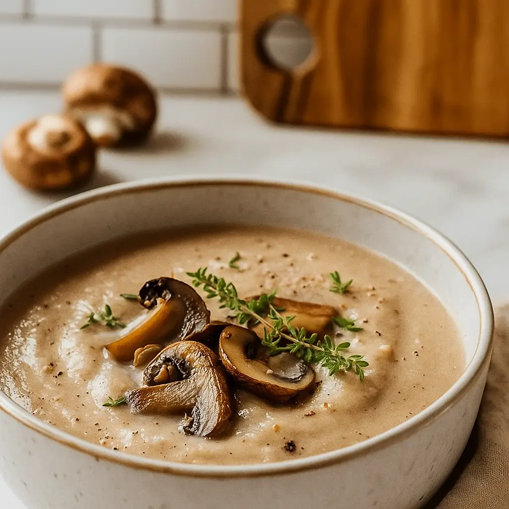 Creamy Mushroom Soup with Thyme in a rustic bowl
